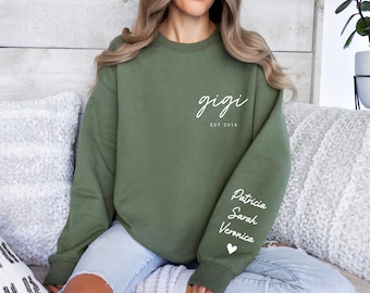 Custom Gigi Sweatshirt with Grandkids Names on Sleeve, Mother's Day Gift, Est Date Grandma Sweatshirt, Gift for Grammy, Grandma Hoodie