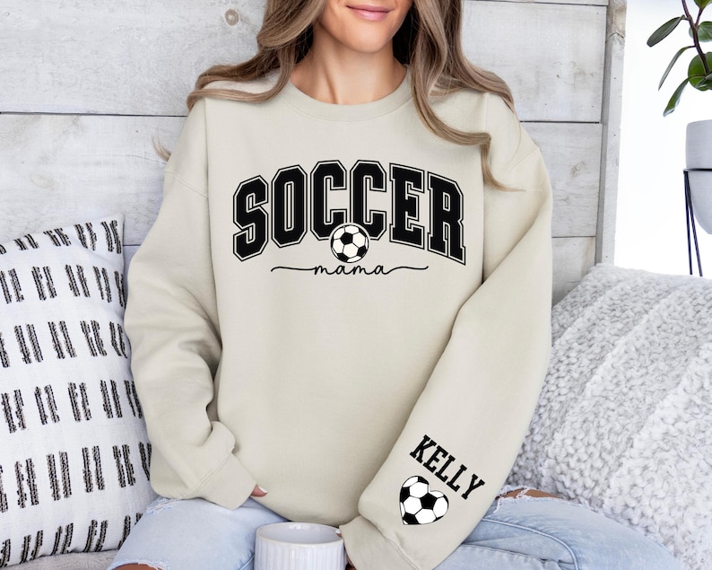 Personalize Soccer Mom Kids Name On Sleeve Sweatshirt, Soccer Mama Hoodie, Gift for Soccer Mom,Fall Soccer Season Hoodie, Mom Soccer Sweater image 2