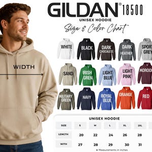 a man wearing a GILDA 18500 unisex hoodie, with a size and color chart displayed below him.