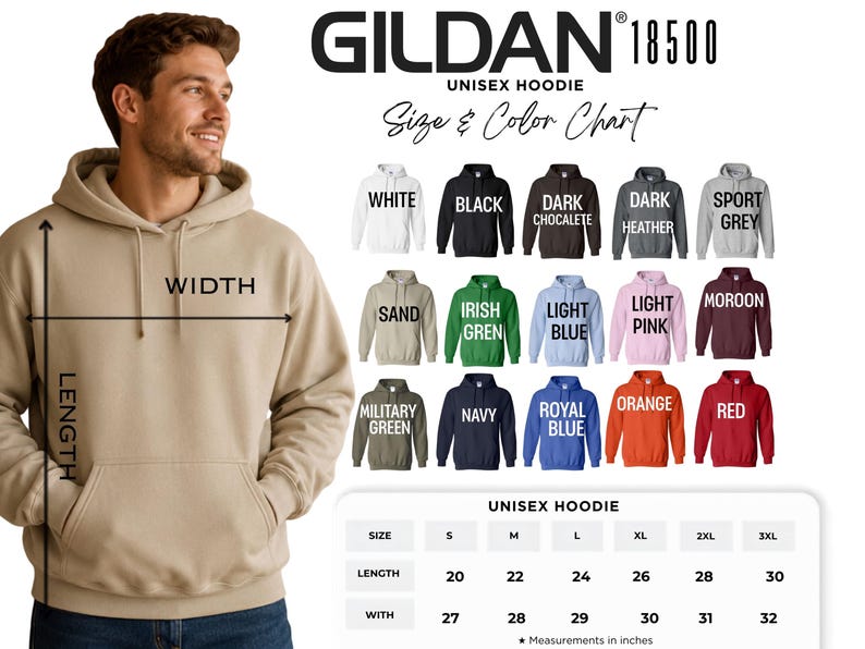 a man wearing a GILDA 18500 unisex hoodie, with a size and color chart displayed below him.