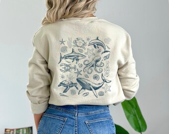 Underwater Sea Animal Words on Back Sweatshirt or Hoodie, Ocean Life Sweatshirt, Beach Hoodie, Save The Shark, Oversize Hoodie, Animal Lover