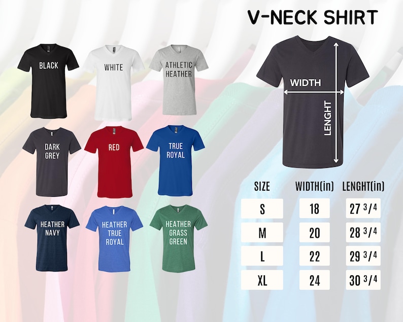 Puede incluir: Una selecci&oacute;n de camisetas con cuello en V en varios colores, incluyendo negro, blanco y rojo. La imagen muestra detalles de tallas y medidas, con anchos de 45.7 cm a 61 cm y largos de 70.5 cm a 78.1 cm.