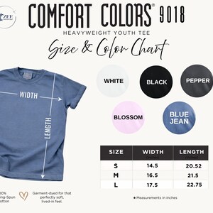 The image is a size and color chart for a heavyweight youth tee, providing measurements for different sizes and colors.