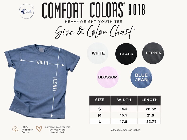 The image is a size and color chart for a heavyweight youth tee, providing measurements for different sizes and colors.