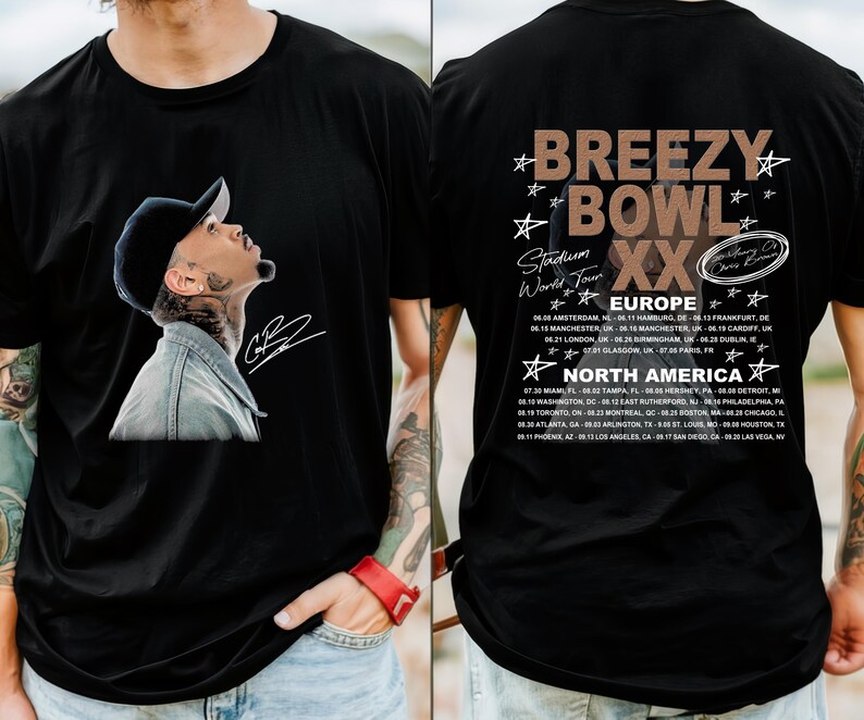 May include: Black t-shirt featuring a portrait of a man wearing a baseball cap, with a signature. The back of the shirt displays "Breezy Bowl XX" tour dates for Europe and North America.