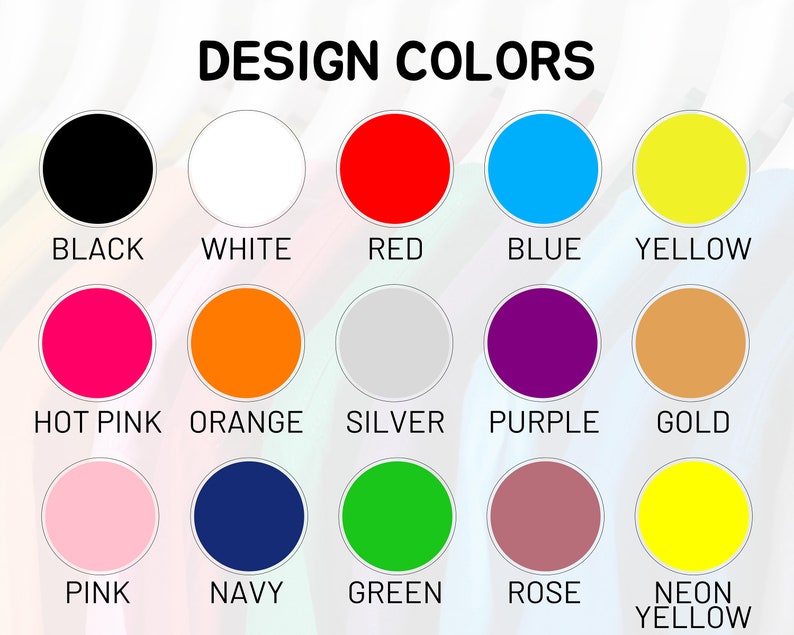 Puede incluir: Una tabla de 15 muestras de color diferentes, con los nombres de los colores enumerados debajo de cada muestra. Los colores incluyen negro, blanco, rojo, azul, amarillo, rosa intenso, naranja, plateado, morado, dorado, rosa, azul marino, verde, rosa y amarillo ne&oacute;n.