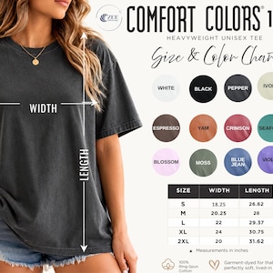 The image is a collage of various images, including a woman wearing a black t-shirt, a size and color chart, and a table with measurements.