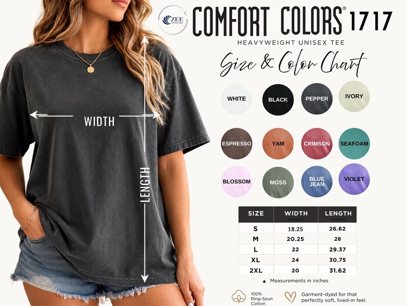 The image is a collage of various images, including a woman wearing a black t-shirt, a size and color chart, and a table with measurements.