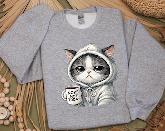 Sudadera con capucha "Hoy no" de gato, divertida sudadera con cuello redondo de gato negro, sudadera con estampado de gato adorable, regalo acogedor para amantes de los gatos.