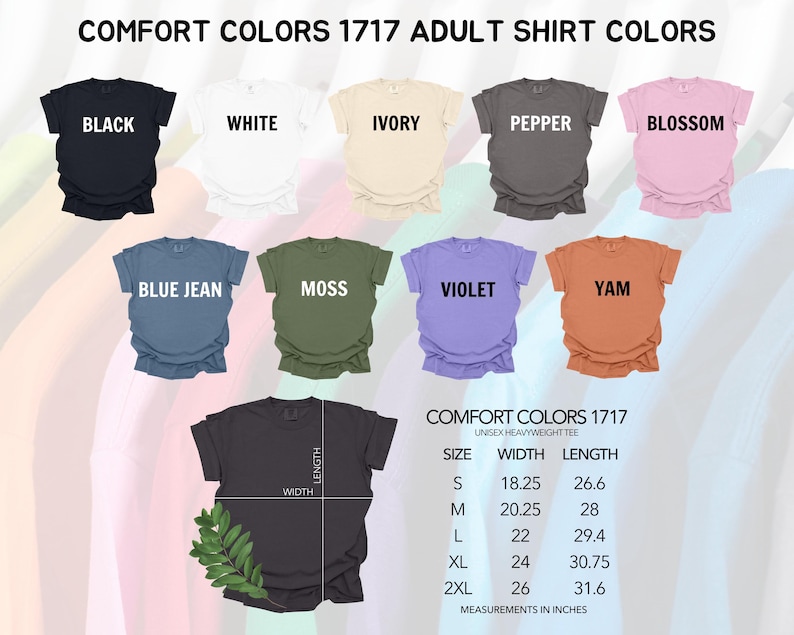 a collection of adult t-shirt colors, including black, white, ivory, pepper, blossom, blue jean, moss, violet, yam, and black. The image also includes a size chart for these colors, providing measurements in inches for each color.
