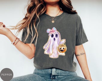 Shimmering Ghost Shirt, Iridescent Ghost Tee, Pastel Halloween T-Shirt, Comfort Colors Glittery Spooky Season Tee