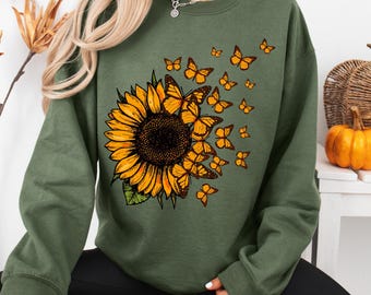 Beautiful Sunflower And Flying Butterflies Sweatshirt, Cute Sunflower Sweater, Sunflower And Flying Butterflies Tee, Cute Gift For Women