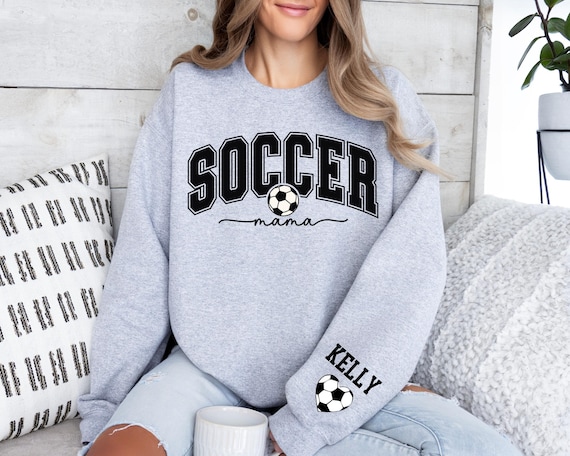 Personalize Soccer Mom Kids Name On Sleeve Sweatshirt, Soccer Mama Hoodie, Gift for Soccer Mom,Fall Soccer Season Hoodie, Mom Soccer Sweater
