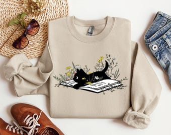 Cute Cat Book Sweatshirt, Bookish Sweatshirt, Floral Cat Hoodie, Cat Mom, Black Cat, Book Lover Hoodie, Gift for Cat Lover, Librarian Gift
