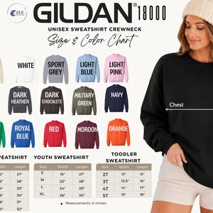 The image is a collage of various colored sweatshirts, including a woman wearing a black sweater, and size and color charts for different types of sweatshirts.
