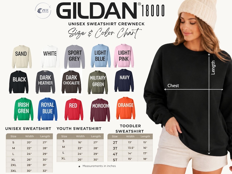 The image is a collage of various colored sweatshirts, including a woman wearing a black sweater, and size and color charts for different types of sweatshirts.
