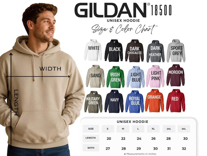 a man wearing a GILDA 18500 unisex hoodie, with a size and color chart displayed below him.