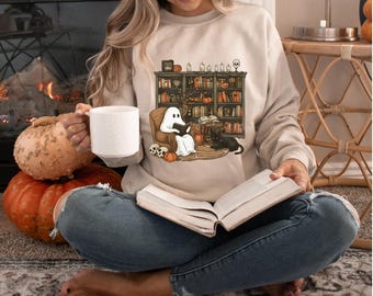 Retro Ghost Reading Books Sweatshirt, Librarian Ghost Halloween, Halloween Teacher Sweatshirt, Halloween Shirt, Teacher Gift, Boo School