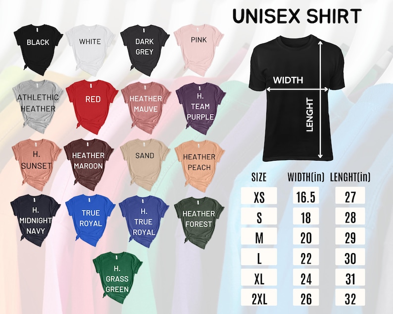 Puede incluir: Una selecci&oacute;n de camisetas unisex en varios colores, incluyendo negro, blanco y gris jaspeado. La imagen muestra una tabla de tallas con medidas en pulgadas para el ancho y el largo. El texto "UNISEX SHIRT" est&aacute; en la parte superior.