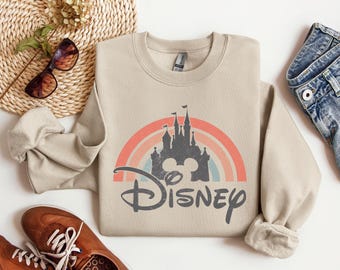 Disney Castle Rainbow Sweatshirt Hoodies,Kids and Adults Sizes,Disney Vintage Sweatshirt,Disney Family Shirt,Disney Castle Mickey Head Shirt