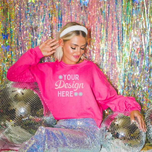 Heliconia Sweatshirt Mockup: Photo of Model Wearing Heliconia Gildan 18000 Crewneck | Cute Styled Mockup with Glitter and Disco Groovy Vibe