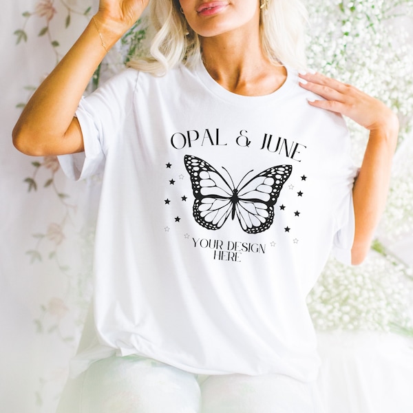 Mockup of White Shirt: Styled Floral Aesthetic Mockup Photo of Model Wearing White Bella Canvas 3001 T-Shirt | Colorful Mockup with Flowers