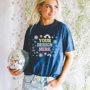 Mockup of Navy Mineral Wash Shirt: Photo of Model Wearing Mineral Navy Colortone® 1300 Mineral Wash T-Shirt | Boho Floral Mockup for Spring