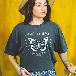 Pepper Tee Shirt Mockup: Cute Styled Photo of Model Wearing Pepper Comfort Colors® Tee Shirt | Groovy Grunge Aesthetic Mock of Pepper TShirt