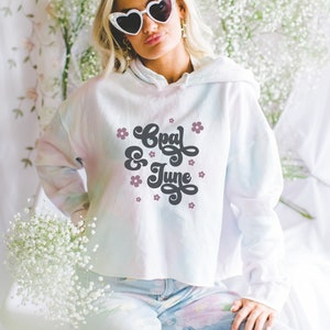 Tie Dye Cotton Candy Cropped Hooded Sweatshirt Mockup: Photo of Model Wearing Cotton Candy Independent Trading Company® AFX64CRP Crop Hoodie