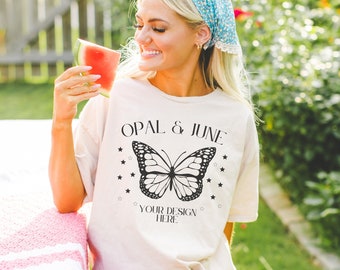 Sand Tee Shirt Mockup: Colorful Photo of Model Wearing Sand Gildan 5000 T-Shirt | Cute Cottagecore Mockup Taken in Garden, Summer Mockup