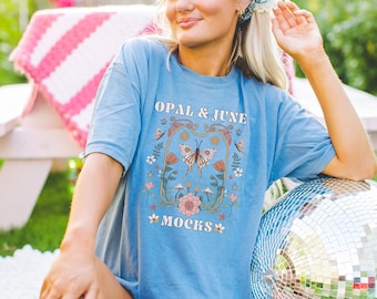 Two Blue Jean Shirt Mockups: Front and Back Photos of Model Wearing Blue Jean Comfort Colors® 1717 T, Cottagecore Mock with Retro Disco Vibe