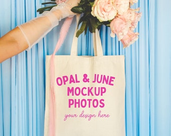 Tote Bag Mockup with Flowers: Colorful Photograph of Model Holding Tote Bag with Roses, Cute Cottagecore Lifestyle Mock of Tote, Bridal Mock