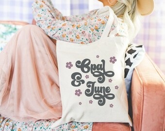 Tote Bag Mockup: Colorful Photo of Model Holding Tote Bag, Cute Bookish Mockup, Groovy Floral Cowgirl Western Aesthetic, Bachelorette Mockup