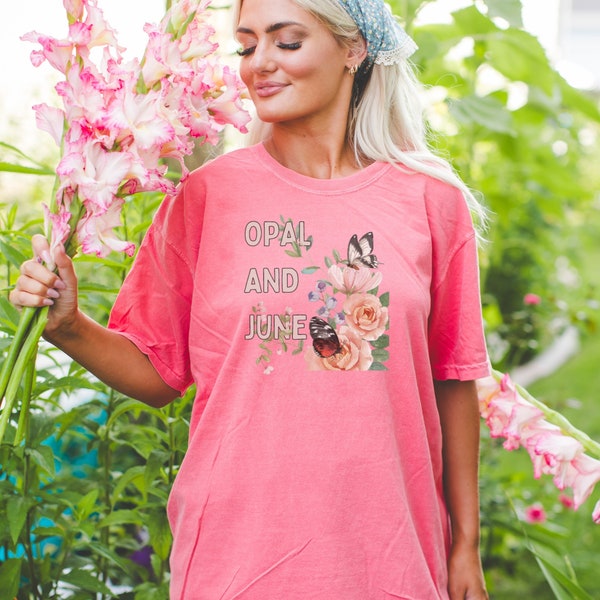 Watermelon Shirt Mockup: Colorful Photo of Model Wearing Watermelon Comfort Colors® 1717 Tee While Holding Flowers, Cozy Cute Garden Mock