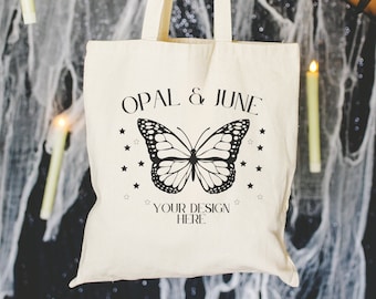 Tote Bag Mockup for Halloween: Photo of Tote Bag with Floating Candles | Spooky and Groovy Grocery Tote Mockup for Fall, Spooky Gothic Mock