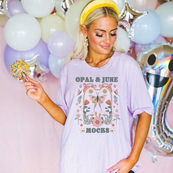 Lilac Shirt Mockup for Halloween: Colorful Photo of Model Wearing Oversized Lilac Bella Canvas 3001 T-Shirt, Groovy Retro Aesthetic Tee Mock