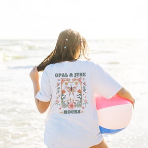 Back of Ivory Shirt Boho Mockup: Photo of Model Wearing Ivory Comfort Colors® 1717 Tee Shirt | Beach Mock Taken at Sunset, Lifestyle Mockup