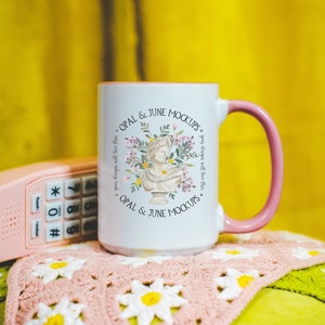 Mockup of 15 Oz Coffee Cup with Pink Handle and Interior | Styled Mockup Photo of 15 Oz White Mug with Pink Handle, Groovy and Colorful Mock