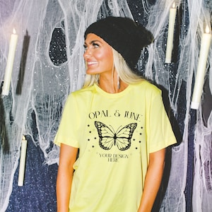 Yellow Shirt Mockup for Halloween Spooky Season: Photo of Model Wearing Yellow Bella Canvas 3001 T-Shirt | Spooky and Colorful T Shirt Mock