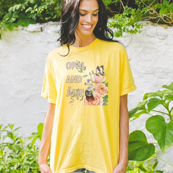 Citrus Shirt Mockup Taken in Garden: Cottagecore Mockup | Photo of Model Wearing Citrus Comfort Colors® 1717 Shirt, Cute Mockup in Nature