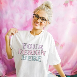 White Tee Mockup for Spring and Summer: Photo of Model Wearing Comfort Colors® White C1717 TShirt | Retro Aesthetic Mock for Teacher Designs