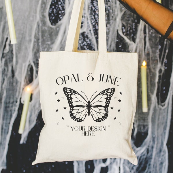 Tote Bag Mockup for Halloween: Photo of Tote Bag with Floating Candles | Spooky and Groovy Grocery Tote Mockup for Fall, Spooky Gothic Mock