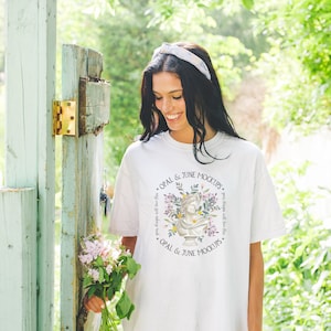 White Shirt Mockup Taken in Garden: Colorful Photo of Model Wearing White Comfort Colors® 1717 Tee Shirt | Outdoor Nature Floral Mockup