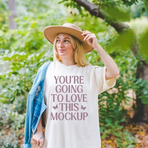 Ivory Tee Mockup of Model Wearing Comfort Colors C1717 in Forest | Cute and Colorful Outdoor Mockup of Ivory T-Shirt, Boho Preppy Style