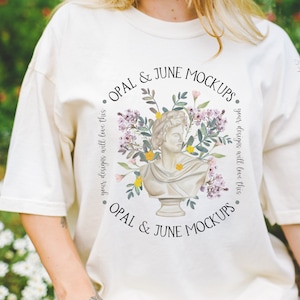 Ivory Tee Shirt Mockup: Photograph of Comfort Colors C1717 Ivory Tee | Cute Lifestyle Mockup in Garden for Ivory T-Shirt, Mockup with Model