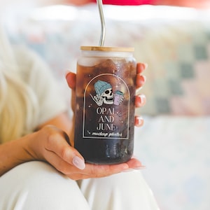 16 Oz Iced Coffee Cup Mock: Colorful Photo of Model Holding 16 oz Frosted Glass Filled with Coffee, Cozy and Cute Lifestyle Aesthetic Mock