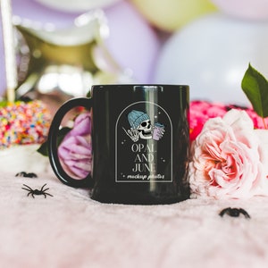 11 Oz Black Coffee Mug Mockup for Halloween, Cute Pastel Goth Style | Colorful and Creative Mockup of 11 Oz Coffee Mug, Spooky Season Mockup