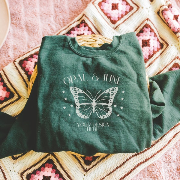 Forest Green Sweatshirt Mockup: Photo of Folded Forest Green Gildan 18000 Crewneck | Cozy Cottagecore Aesthetic Mock for Fall, Flatlay Mock