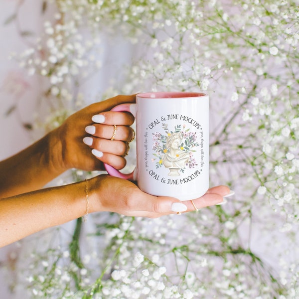 Mockup of Mug with Pink Handle: 15 Oz Coffee Mug Mockup | Spring Photo of Large Coffee Mug Held by Model, Cute Floral Aesthetic Mock of Mug
