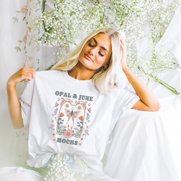 Bridal Mockup of White Tee Shirt: Styled Photo of Bride Model Wearing White Comfort Colors® C1717 T | Oversized White Tee Mock with Flowers